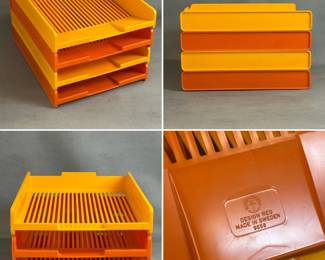 A set of Gustavsberg vintage 1970s orange and yellow plastic modular stacking desk trays.