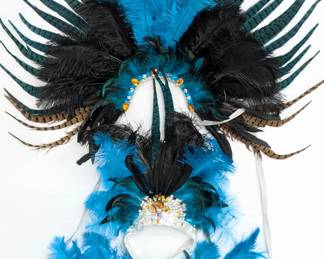 Carnival / Mardi Gras costume pieces consisting of a feathered headpiece, collar, and pair of arm cuffs