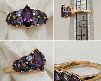 14k yellow gold ring set with marquis cut amethysts and tanzanites, size 7-1/2