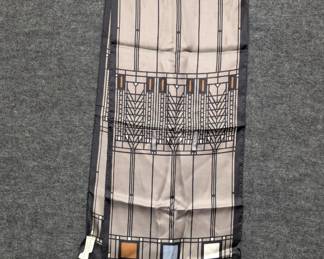 A vintage 1984 100% silk scarf featuring a geometric pattern inspired by Frank Lloyd Wright's "Tree of Life" stained glass design, produced in Japan for The Fine Arts Museums of San Francisco