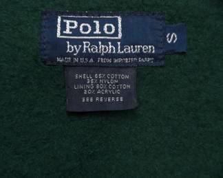 Closeup of the vintage Ralph Lauren Polo duffle coat, khaki color with green interior, hooded, classic wooden toggle fastenings, size S