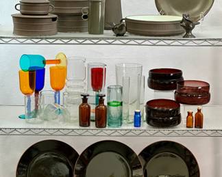 Vintage Dansk Flamestone dinnerware, designed by Jens Quistgaard; vintage glassware including multi-color stemmed glasses, clear vases and carafes; antique amber glass bottles for patent medicine ("Hicks' Capudine for Headaches" and "CELERY FO-MO"), an antique cobalt blue glass Bromo-Seltzer bottle with natural bubbles and embossed lettering of “Bromo-Seltzer / Emerson Drug Co. / Baltimore, MD”; and some Loneoak & Co glazed stoneware dishes, bowls and coffee mugs