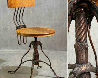An antique Max Tonk "twisted wire" drafting architect office revolving chair, by the Tonk Mfg Co of Chicago, iron and wood, with adjustable seat