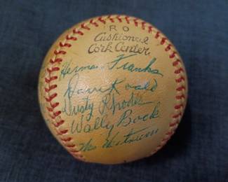 Another view of the 1954 Autographed New York Giants baseball signed by Leo Durocher, Herman Franks, Dave Koslo, Dusty Rhodes, Wally Bock, Wes Westrum, Bob (Bobby) Hofman, Geo (George) Wilson, Fred Fitzsimmons, Monte Irvin, Ruben Gomez, Rog (Roger) Bowman, Al Corwin, Sal Maglie, “The Barber”, Bill Rigney, Whitey Lockman, Daryl Spencer, Willie Mays, and Hoyt Wilhelm. Also has a stamped “Howard Green, Pres.” signature. That was a Class B minor league in Texas, and Green was president from ‘51-‘55. 