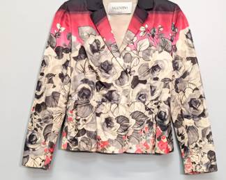 Valentino floral print blazer with a vibrant red, pink, and grey rose motif; size L, NWT new with tags 