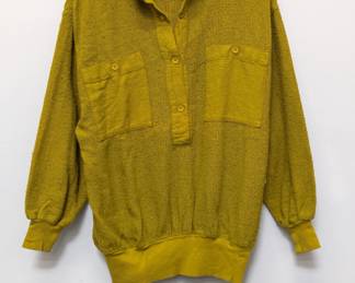 New Hero vintage mustard yellow, long-sleeved, textured waffle knit shirt with a button-down placket and two front pockets, size Small