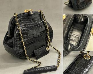 Vintage Chanel 1980s black crocodile frame clutch shoulder bag with chain and leather strap, authenticated by Entrupy.