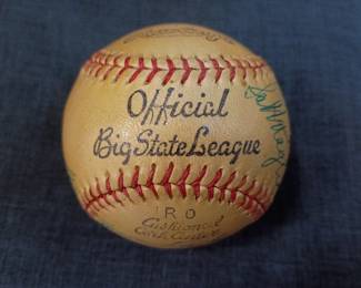 1954 Autographed New York Giants baseball signed by Leo Durocher, Herman Franks, Dave Koslo, Dusty Rhodes, Wally Bock, Wes Westrum, Bob (Bobby) Hofman, Geo (George) Wilson, Fred Fitzsimmons, Monte Irvin, Ruben Gomez, Rog (Roger) Bowman, Al Corwin, Sal Maglie, “The Barber”, Bill Rigney, Whitey Lockman, Daryl Spencer, Willie Mays, and Hoyt Wilhelm. Also has a stamped “Howard Green, Pres.” signature. That was a Class B minor league in Texas, and Green was president from ‘51-‘55. 