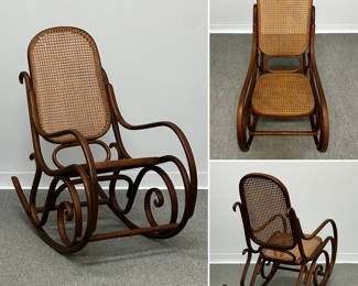 More views of one of the pair of vintage Thonet-style bentwood rocking chairs with rattan backs and seats
