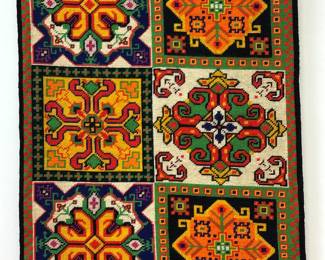 A large vintage 1970s colorful geometric pattern crewel needlepoint wall hanging, 40" x 56"