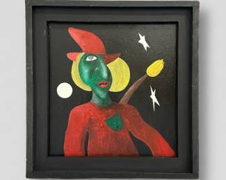 "The Red Witch" painting by outsider artist Dennis L. Olejarczyk of Muskegon, Michigan, acrylic on wood, signed and dated '95 on reverse