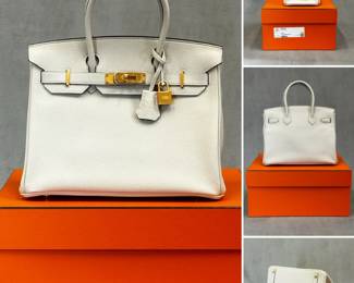 More views of the 2018 vintage Hermès size 30 Birkin in Togo “Craie” special order “HSS” horseshoe stamp with “Gris” interior – Perma Brass hardware, still has stickers on hardware. Authenticated by Entrupy.