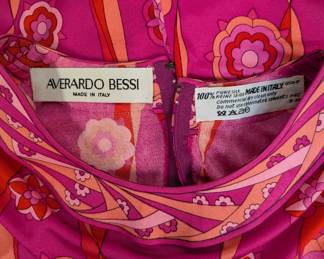 Closeup of Averardo Bessi 1960s-70s pink floral print silk dress, mid-length, made in Italy, size 8
