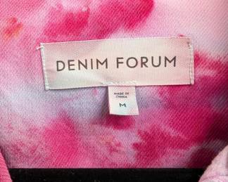 Closeup of Denim Forum pink and blue tie-dye western-style button-down shirt with pearl snaps and dual chest pockets, size M