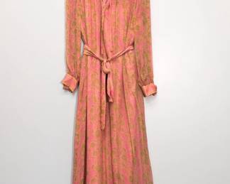 Vintage '70s Treacy Lowe peach and pink print 100% silk long sleeved smocked dress 