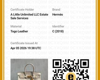 Certificate of Authenticity from Entrupy for the 2018 vintage Hermès size 30 Birkin in Togo “Craie” special order “HSS” horseshoe stamp with “Gris” interior – Perma Brass hardware, still has stickers on hardware. Authenticated by Entrupy.