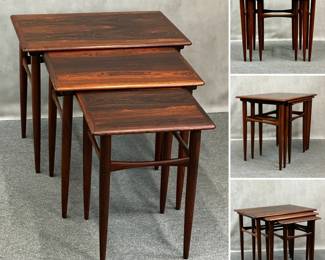 More views of the beautiful set of Danish modern rosewood nesting tables, 1960s, set of 3. Graceful clean mid-century-modern lines, largest table is 15"W x 22-1/2"L x 19"H.A beautiful set of Danish modern rosewood nesting tables, 1960s, set of 3. Graceful clean mid-century-modern lines, largest table is 15"W x 22-1/2"L x 19"H.