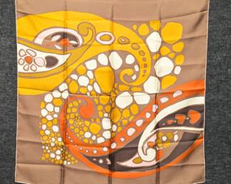 Vintage scarf, pale brown with yellow and orange abstract paisley design
