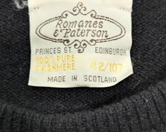 Closeup of Romanes & Paterson Scotland men's knit black cashmere crewneck pullover sweater, size 42