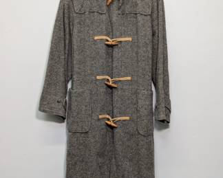 Polo Ralph Lauren duffle coat, gray tweed, hooded wool toggle coat with signature wooden toggles and patch pockets; size L