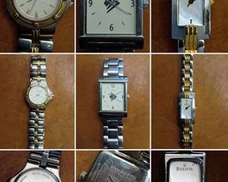 A vintage Bulova women's two-tone stainless steel quartz wristwatch model 98M36, a vintage Silpada Designs quartz wrist watch featuring a stainless steel link band and a cream dial with a square case, and a vintage Bulova women's two-tone bracelet watch with MOP face, model 98L001.