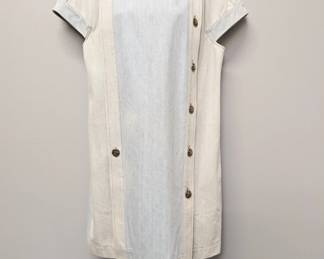 A Chanel Paris-Greece collection light blue denim shift dress featuring cap sleeves and silver-tone CC logo buttons, size 44