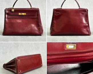 More views of the 1953 vintage Hermès Kelly bag, authenticated by Entrupy, in bordeaux or Rouge H box leather with gold plated hardware.