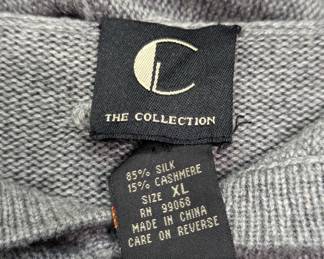 Closeup of tag inside The Collection men's grey silk cashmere blend hoodie sweater, size XL