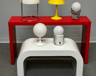 Mid-century Modern lamps and tables including a Laurel lamp with white globe shade and tulip base designed by Bill Barr, a Neal Small mushroom "Miri" lamp with white dome shade and chrome-plated round tube metal frame, 1970s. Iconic MCM furnishings!   