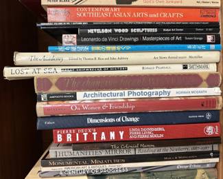 Books including Leonardo da Vinci Drawings Masterpieces of Art, Nevelson Wood Sculptures, Lost At Sea Great Shipwrecks of History, Architectural Photography, Dimensons of Change, Pierre Deux's Brittany, Humanities' Mirror, Monumental Miniatures