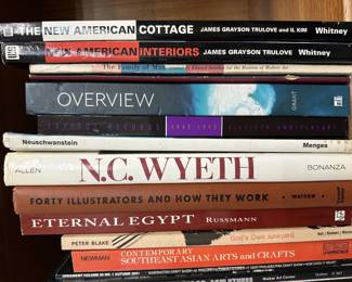 Books including New American Interiors, Forty Illustrators and How They Work, Eternal Egypt, N.C. Wyeth, God's Own Junkyard, Contemporary Southeast Asian Arts and Crafts, 
