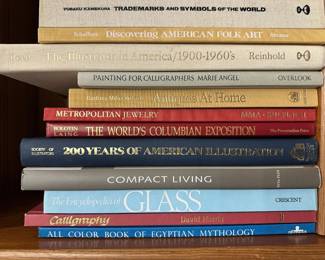 Art, history and design books including Discovering American Folk Art, Painting for Calligraphers, Antiques at Home, Metropolitan Jewelry, The World's Columbian Exposition, 200 Years of American Illustration, The Encyclopedia of Glass, All Color Book of Egyptian Mythology