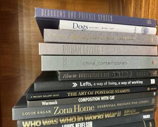 Books including Bedrooms and Private Space, Urban Living, China_Contemporary, Lofts a Way of Living a Way of Working, The Art of Postage Stamps, Composition with Cat, Who Was Who in World War II