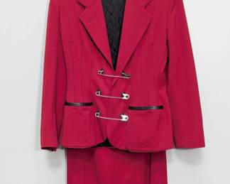 1980s vintage Jean Paul Gaultier Pour Gibo red wool suit featuring iconic maxi safety pin closures and black leather details