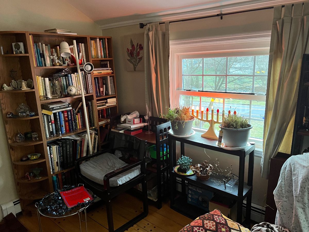 Tons of books, knickknacks, glass