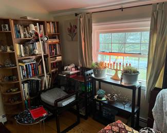 Tons of books, knickknacks, glass