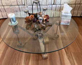 Heavy iron and thick glass coffee table and 2 end tables