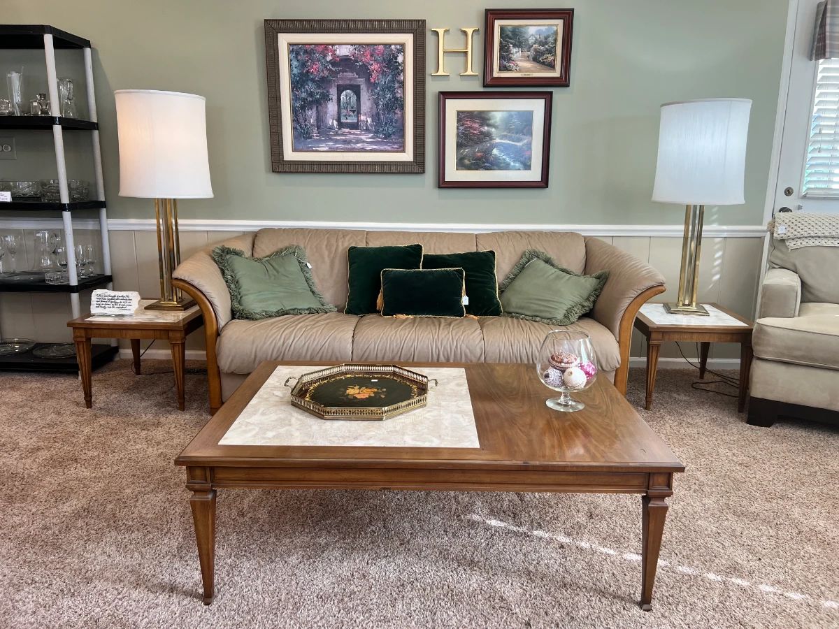 Ekornes Stressless camelback leather sofa with marble-top tables