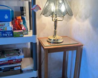 Wooden table and table lamp