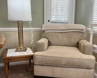 Bauhaus tan micro-suede armchair, marble-top end table and brass lamp