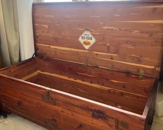 Interior of the Stewart cedar chest showing the original "Tennessee Red Cedar" seal