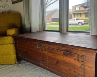 Vintage Tennessee Red Cedar hope chest by Stewart with decorative gold-tone accents (some staining on top)