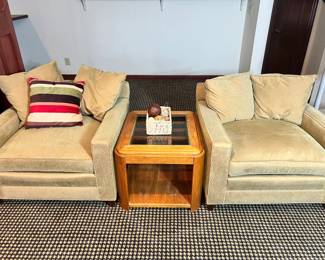 Matching pair of olive-gold club chairs and the wood/glass side table