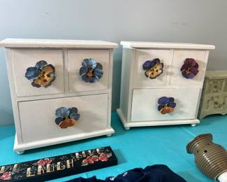 Pair of whimsical hand-painted white miniature chests featuring unique 3D floral pansy knobs