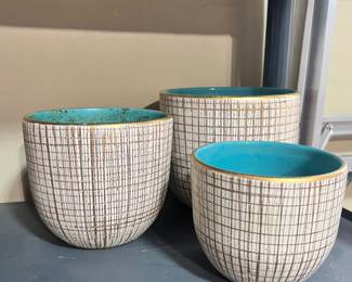 Set of three authentic Italian mid-century ceramic planters with gold sgraffito grid and turquoise interiors