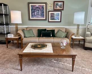 Ekornes Stressless camelback leather sofa with marble-top tables