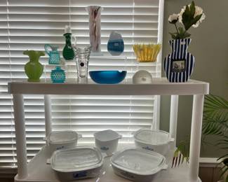 Colorful art glass vases, Fenton hobnail glass, vintage Blue Cornflower CorningWare