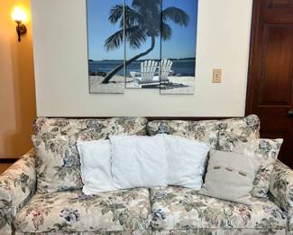 A floral-patterned pull-out sofa sleeper and tropical triptych canvas art