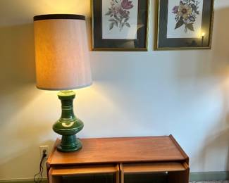 Authentic Danish-made teak nesting tables with green ceramic lamp