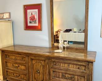 American of Martinsville Triple Dresser: Grand triple dresser with matching arched wall mirror